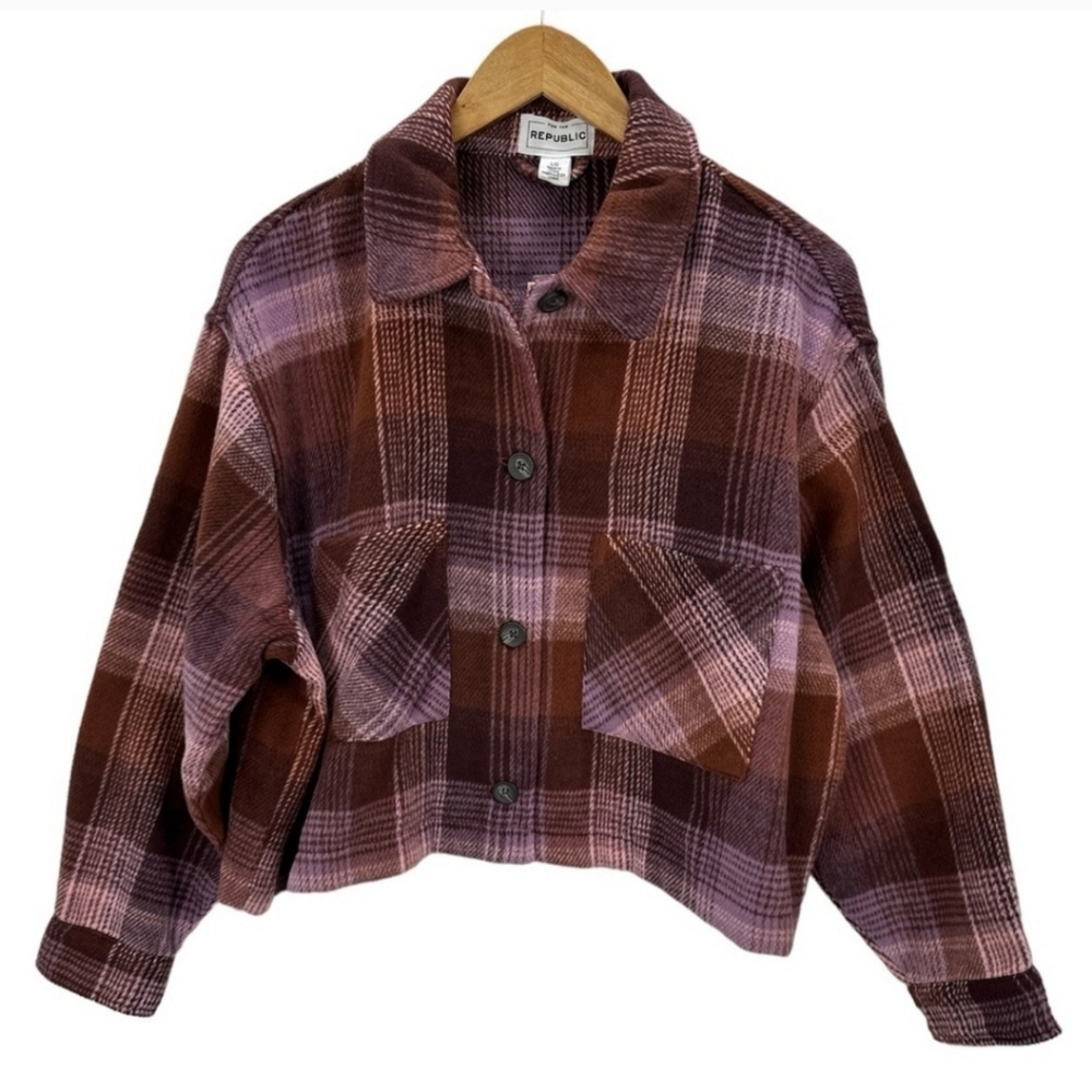 NWT For The Republic Cropped Brown Purple Plaid Shacket Shirt Jacket